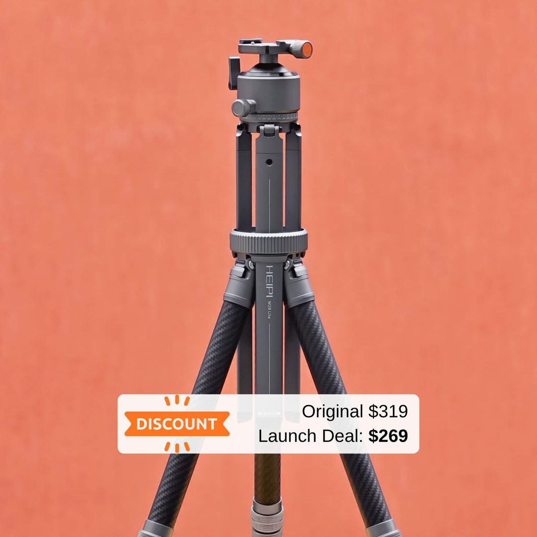 HEIPI W28 Lite launch-offer graphic with the tripod fully deployed