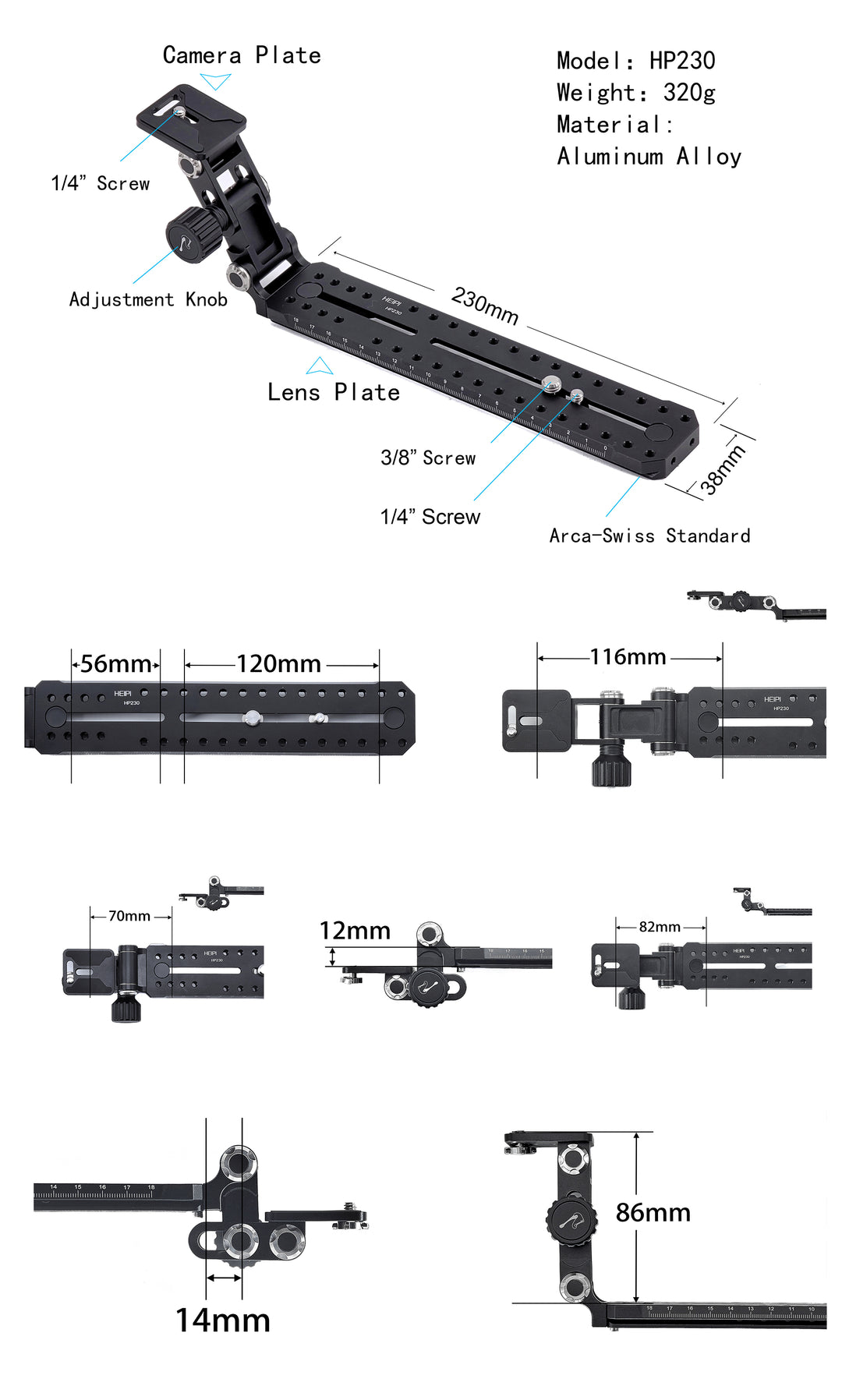 HP230 Telephoto Lens Support Quick Release Plate specifications